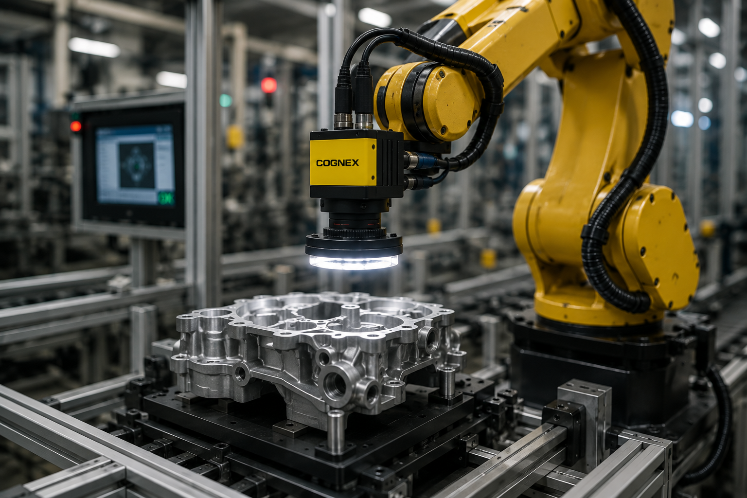 Robot-mounted vision camera inspecting a manufactured part